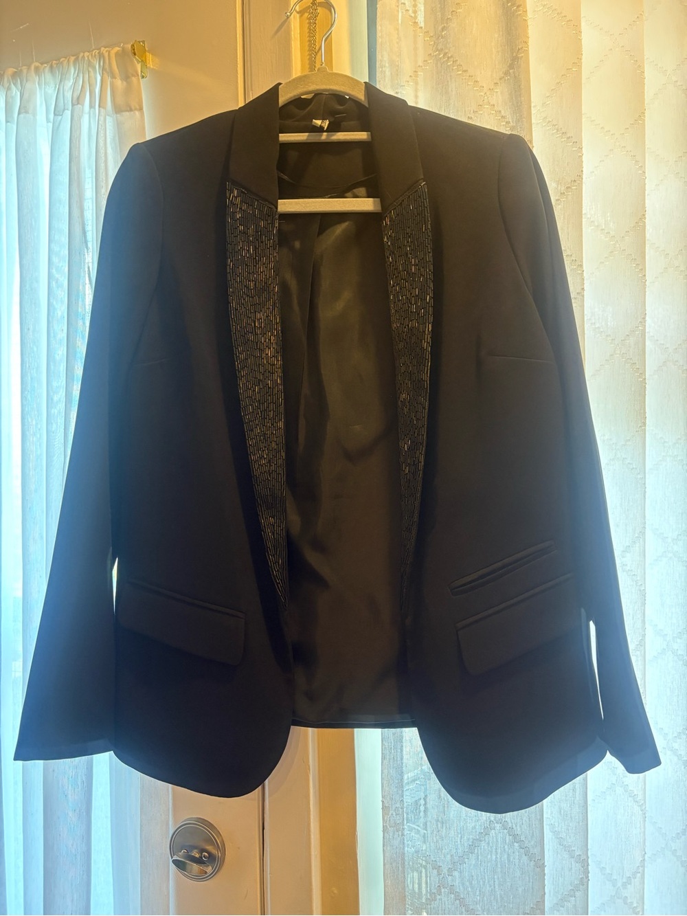 Topshop Black Women’s Tuxedo Blazer with Beaded Shawl Lapel